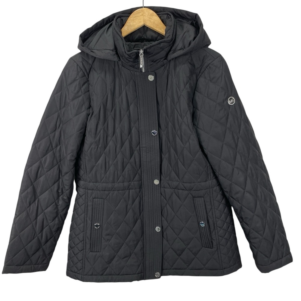 Michael Kors Womens Transitional Fall Quilted Hooded Black Jacket Size M NWT